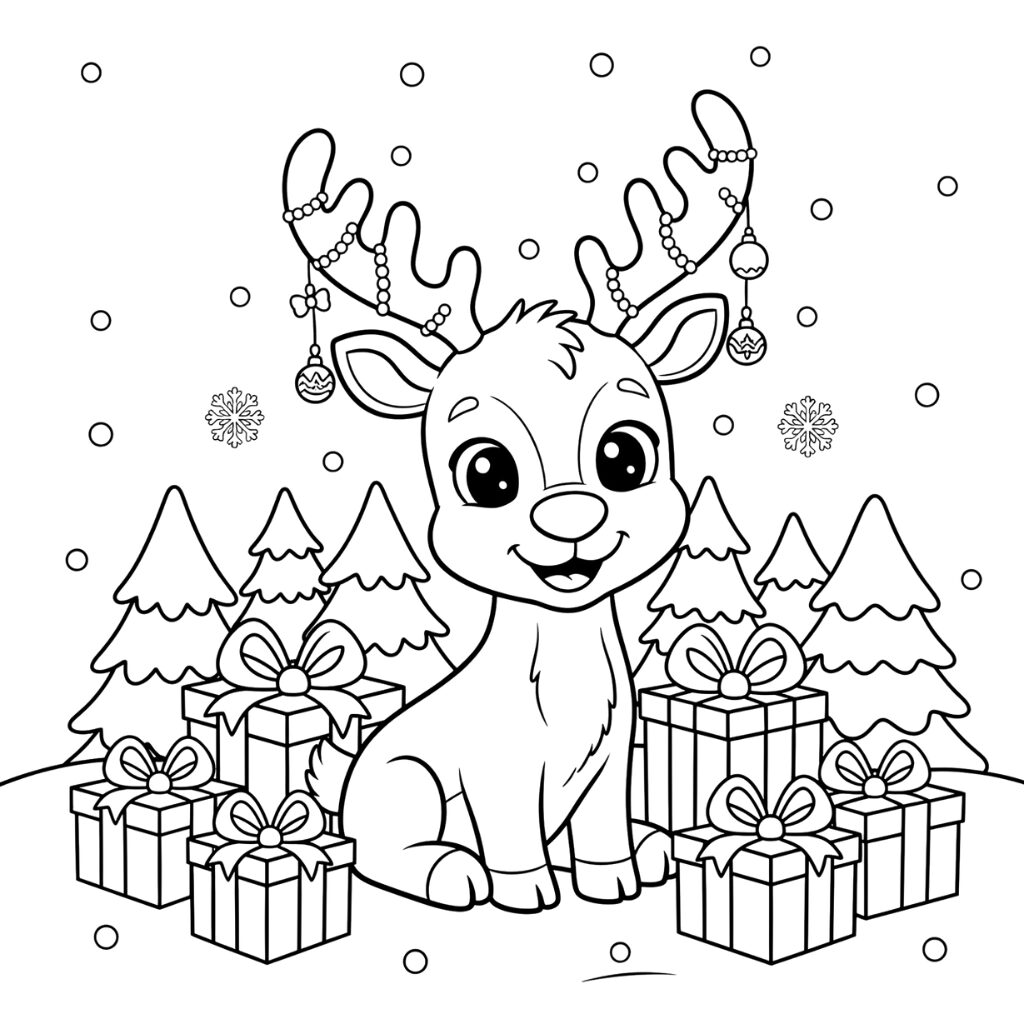 Kleurplaat Schattig Kerstrendier met Kerstcadeaus