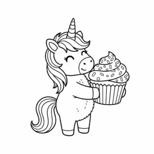 Página para colorear: Unicornio adorable con cupcake