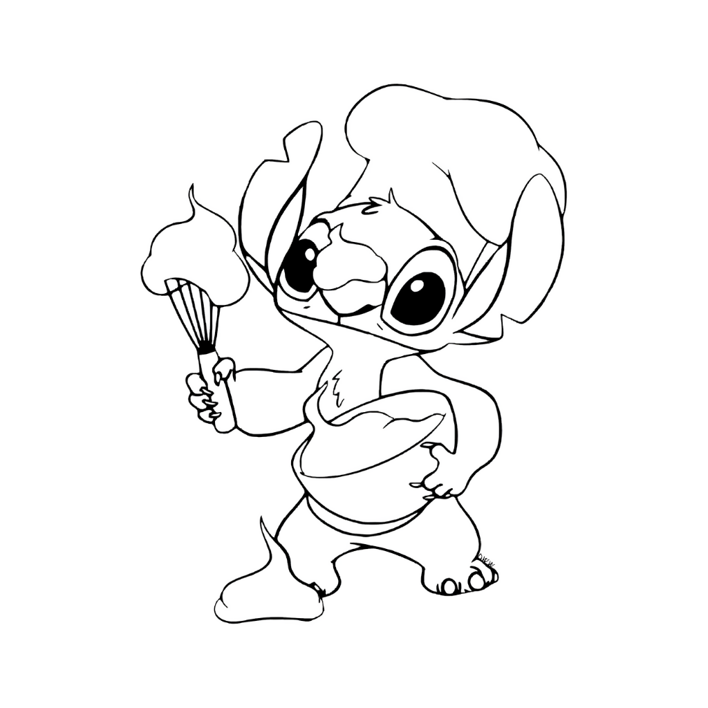 Kleurplaat Stitch als kok die taart bakt