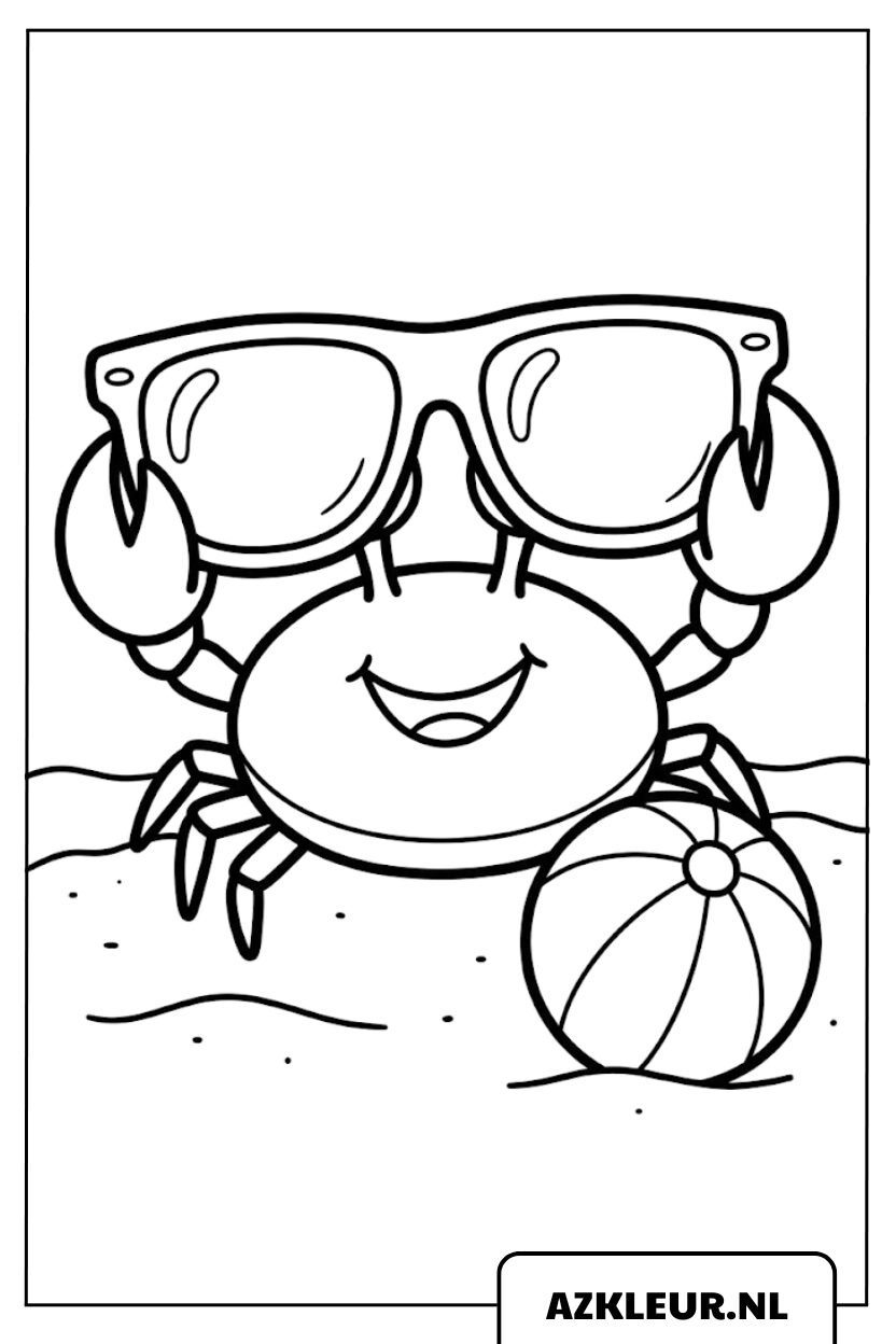 Krab met zonnebril op het strand kleurplaat.jpg