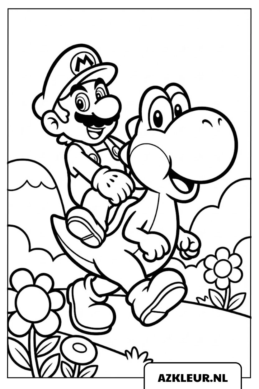 Mario rijdt op Yoshi kleurplaat.jpg