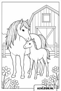 Paard en veulen voor de stal kleurplaat.jpg