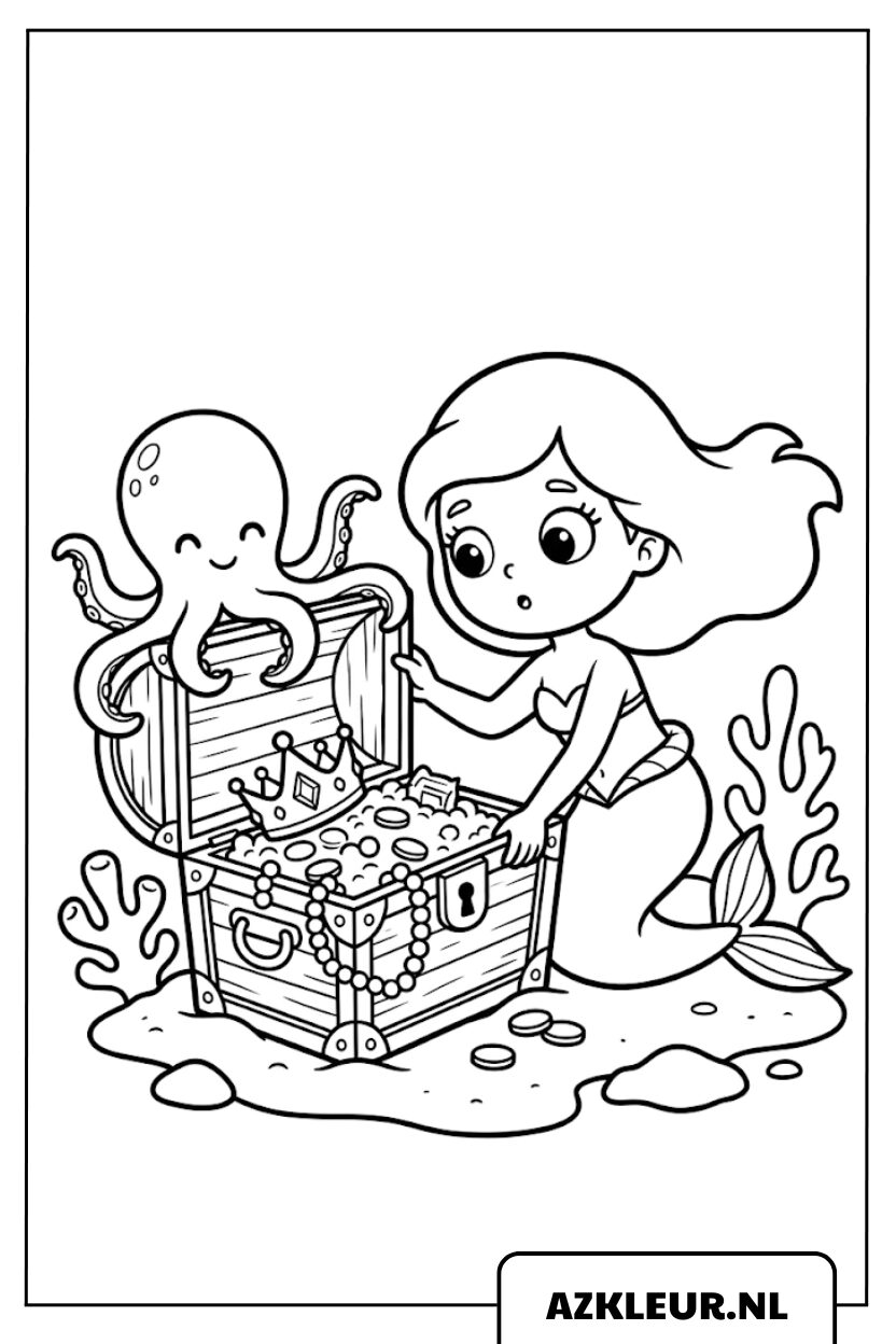 Zeemeermin opent schatkist met octopus kleurplaat.jpg