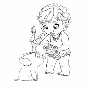 Baby Moana Ausmalbild mit Pua und Heihei