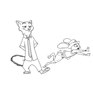 Coloring page of Nick grinning widely while Judy trips
