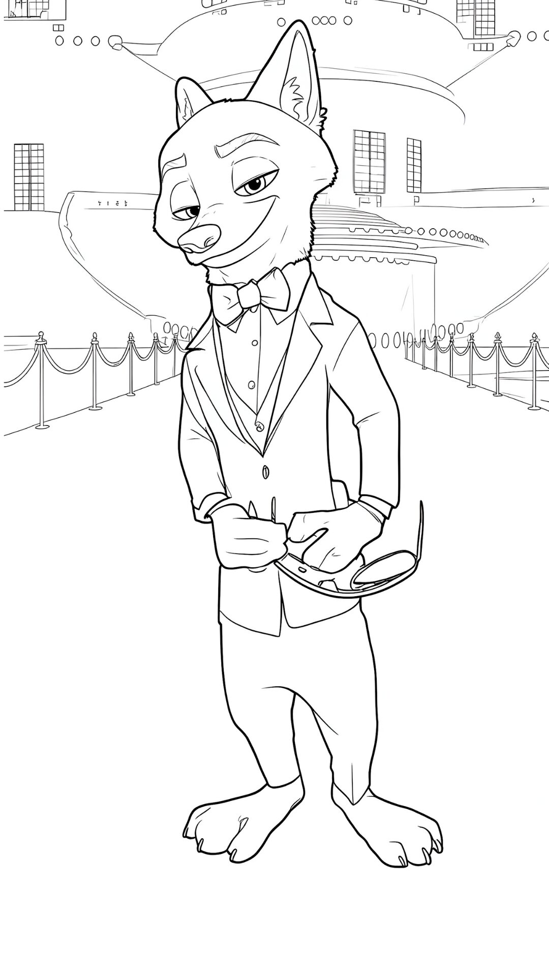 Coloring pages of Nick Wilde in a classy outfit on the red carpet