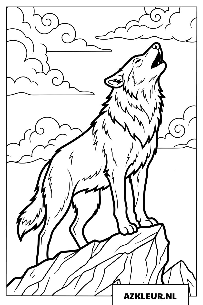 Alfawolf huilt machtig op de bergtop Kleurplaat