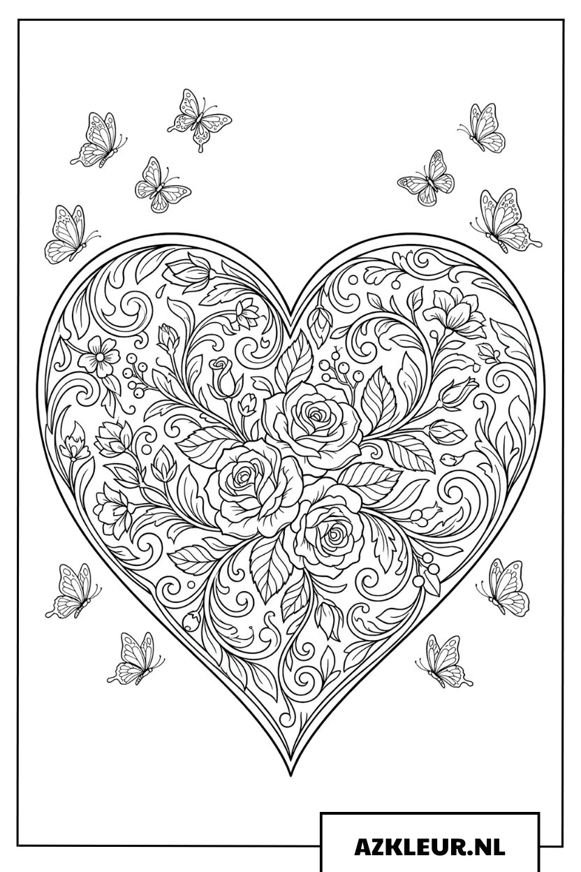 Artistiek hart van rozen en vlinders Kleurplaat