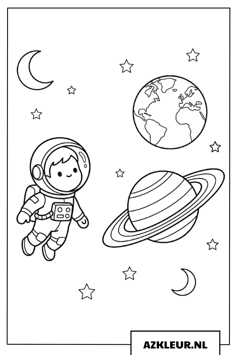 Astronaut zweeft tussen de sterren kleurplaat