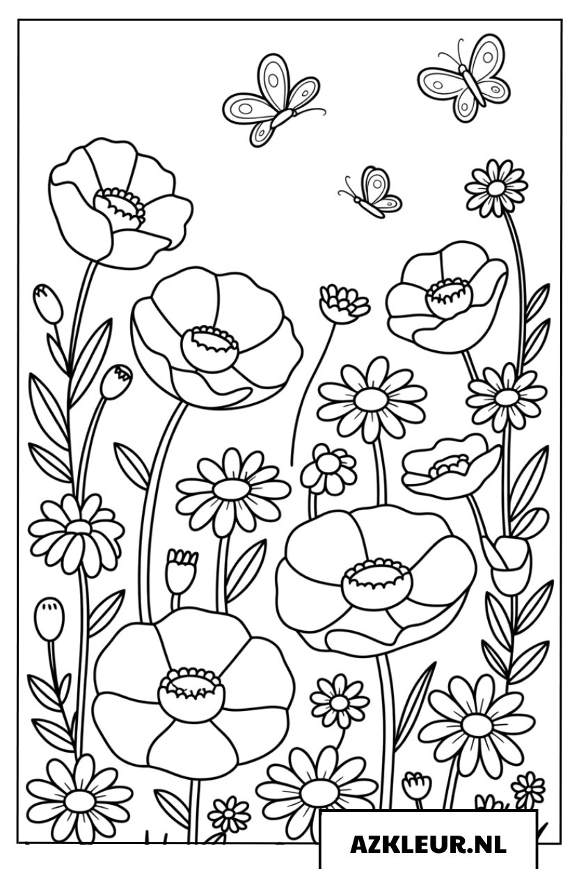 Bloemenveld kleurplaat met vrolijke vlinders