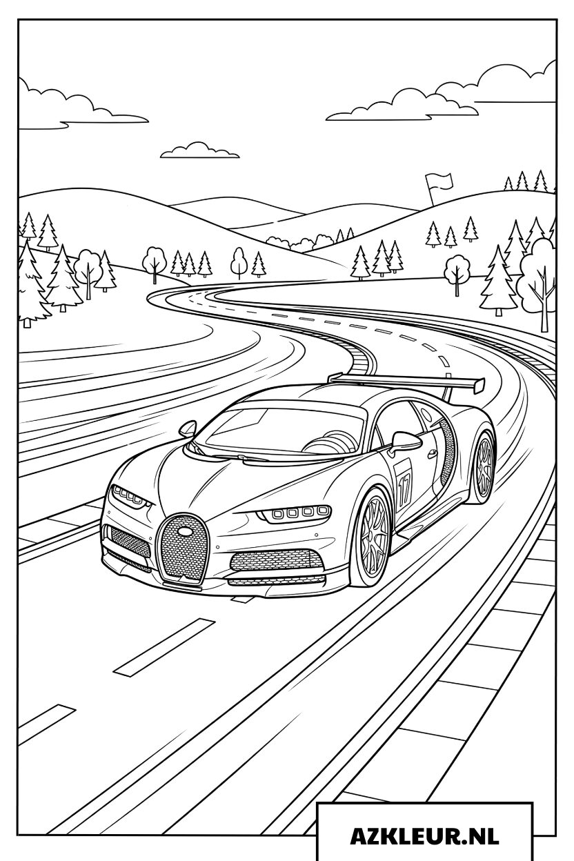 Bugatti op een prachtige kronkelweg Kleurplaat