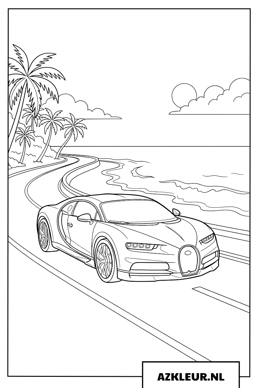 Bugatti sportwagen langs de blauwe zee Kleurplaat