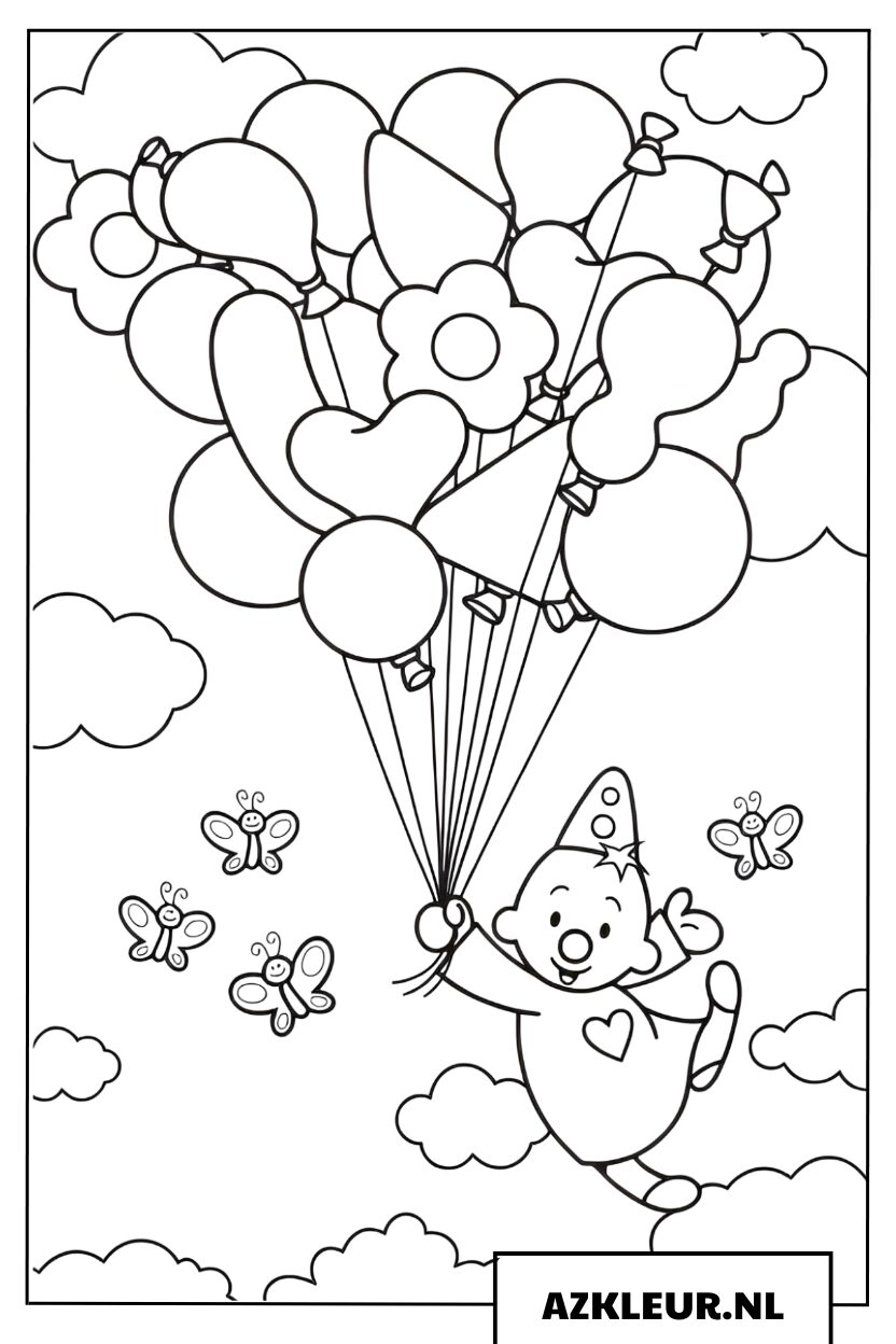 Bumba zweeft met kleurrijke ballonnen kleurplaat