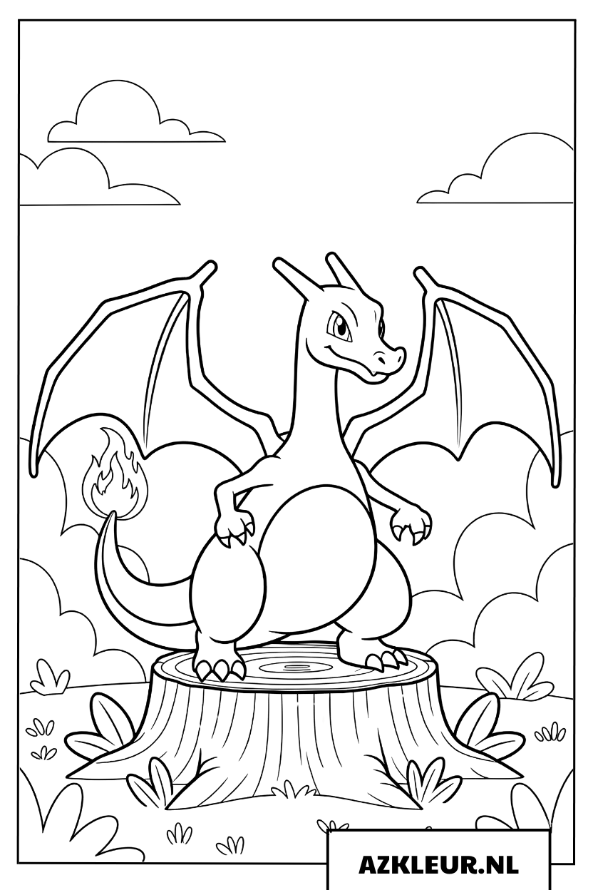 Charizard kleurplaat van de draak op een oude boomstam