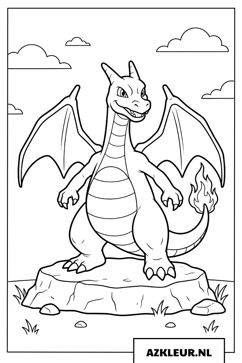 Charizard kleurplaat van de draak staand op een rots