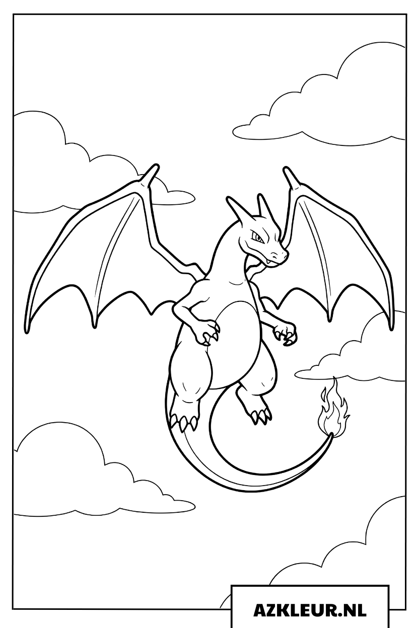 Charizard kleurplaat van de draak vliegend door de wolken