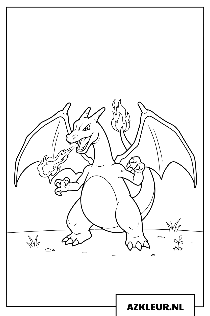 Charizard kleurplaat van een vuurspuwende draak