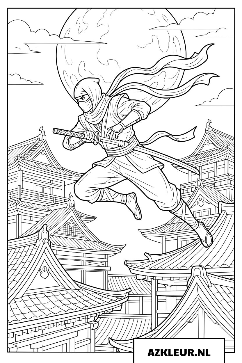 Dappere Ninja springt over de daken van de stad Kleurplaat