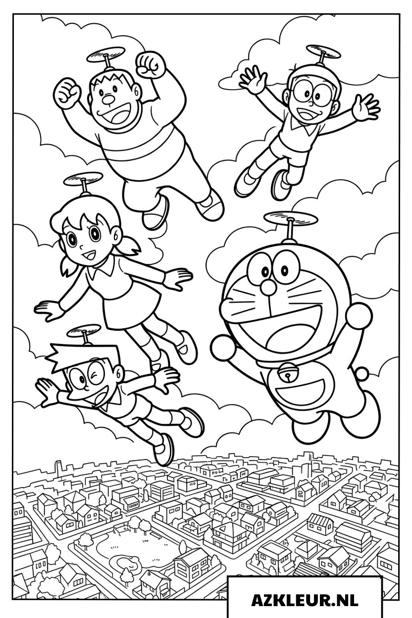 Doraemon en zijn vrienden vliegen over de stad Kleurplaat