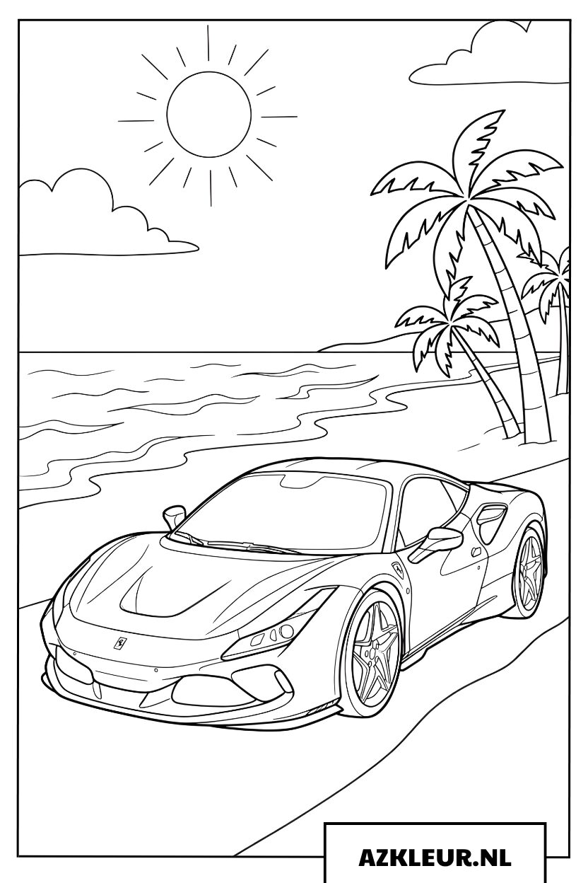 Ferrari aan het zonnige strand Kleurplaat
