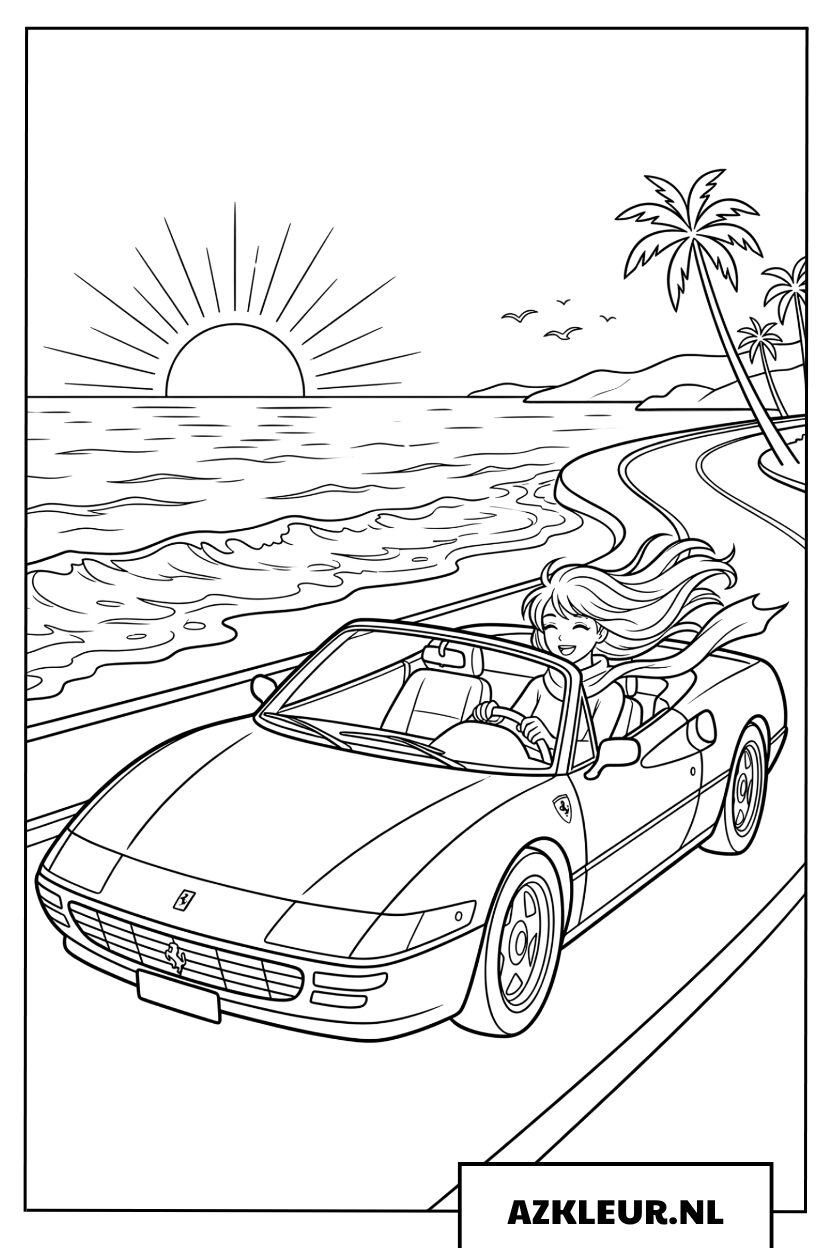 Ferrari sportwagen bij zonsondergang aan zee Kleurplaat