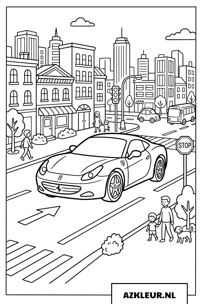 Ferrari sportwagen in de moderne stad Kleurplaat