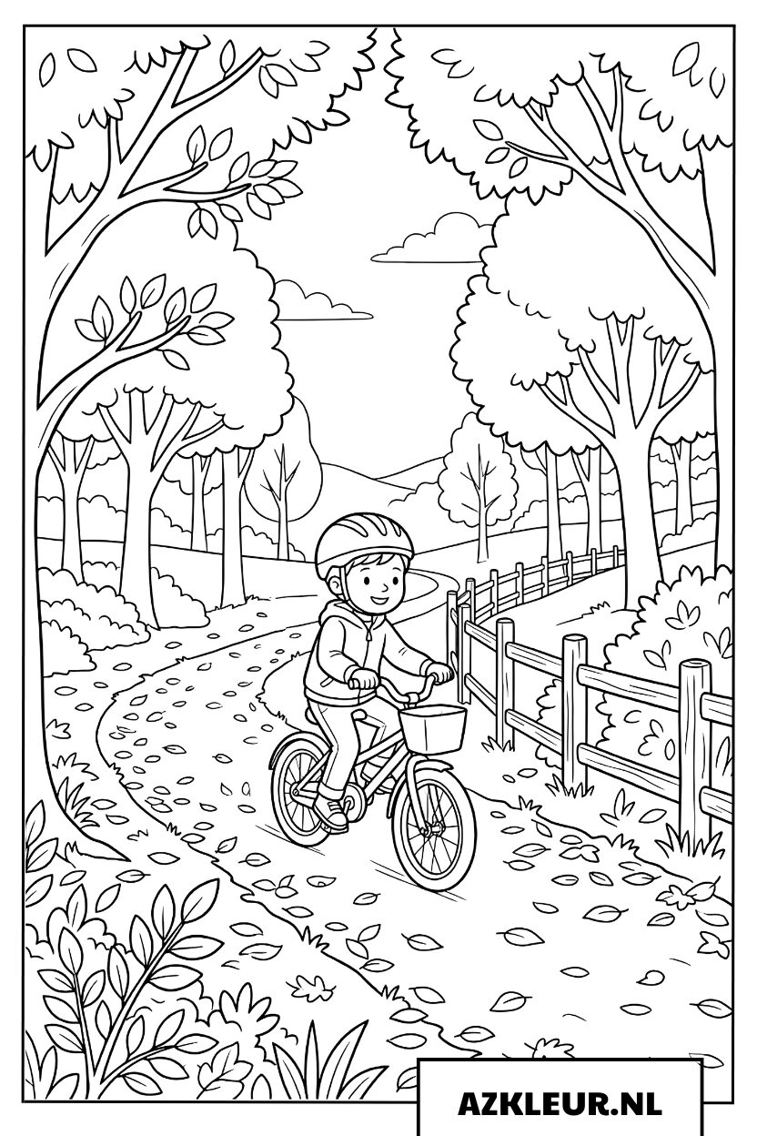 Fietsen in de herfst kleurplaat