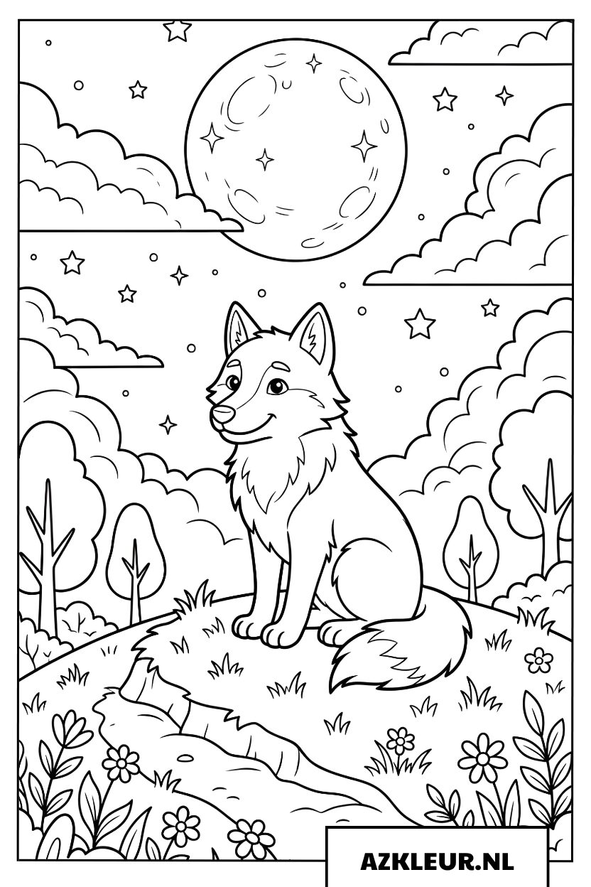 Gehoorzame kleine wolf zit onder de volle maan Kleurplaat