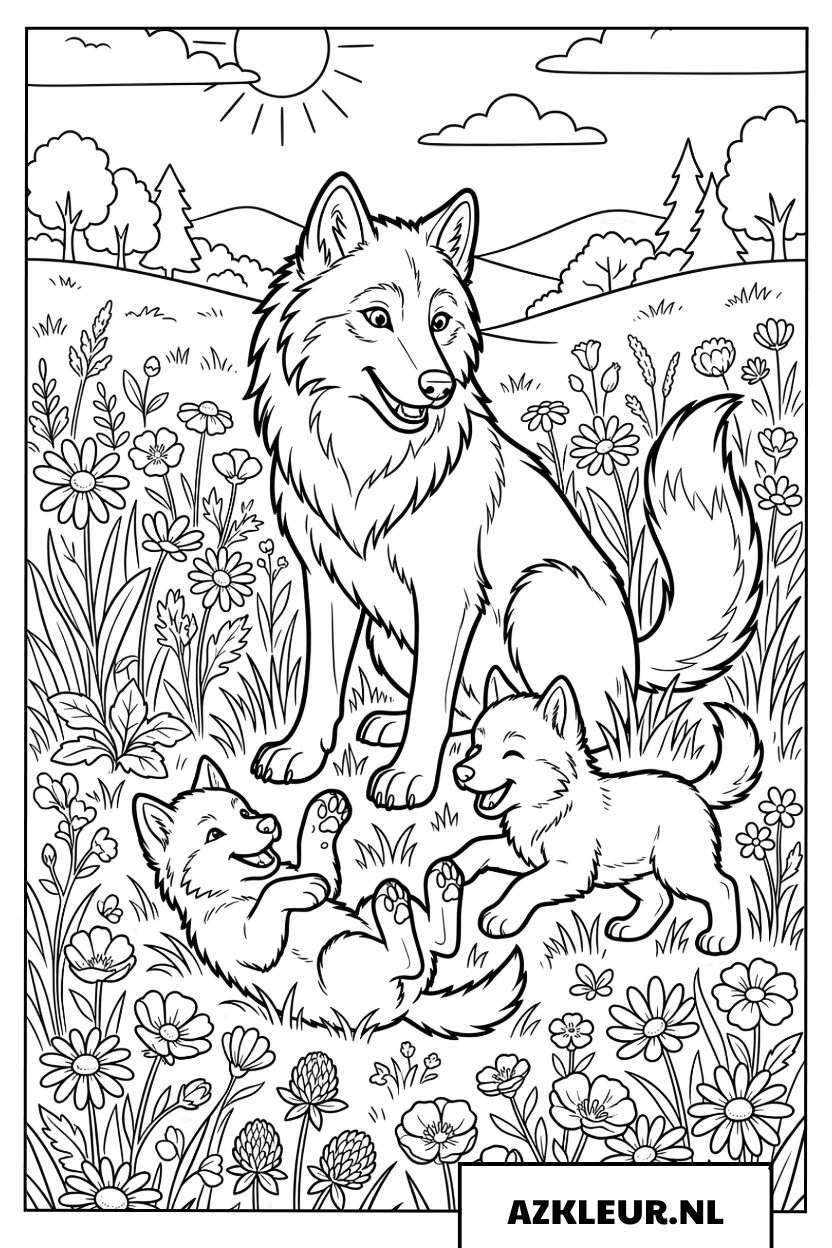 Gelukkige wolvenfamilie speelt in het bloemenveld Kleurplaat