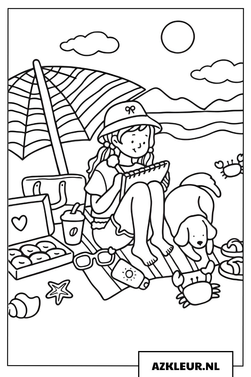 Girl Moments kleurplaat van een meisje op het strand