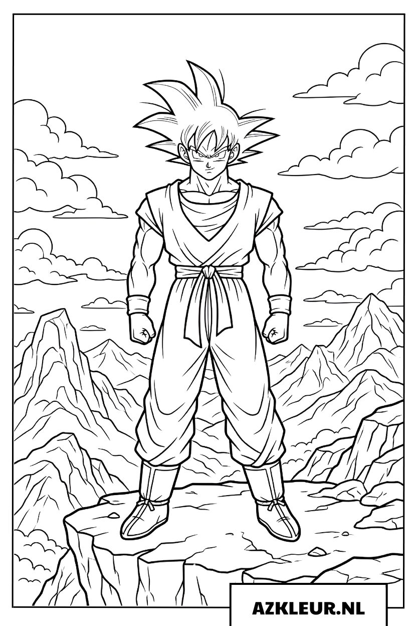 Goku kleurplaat op de top van de berg