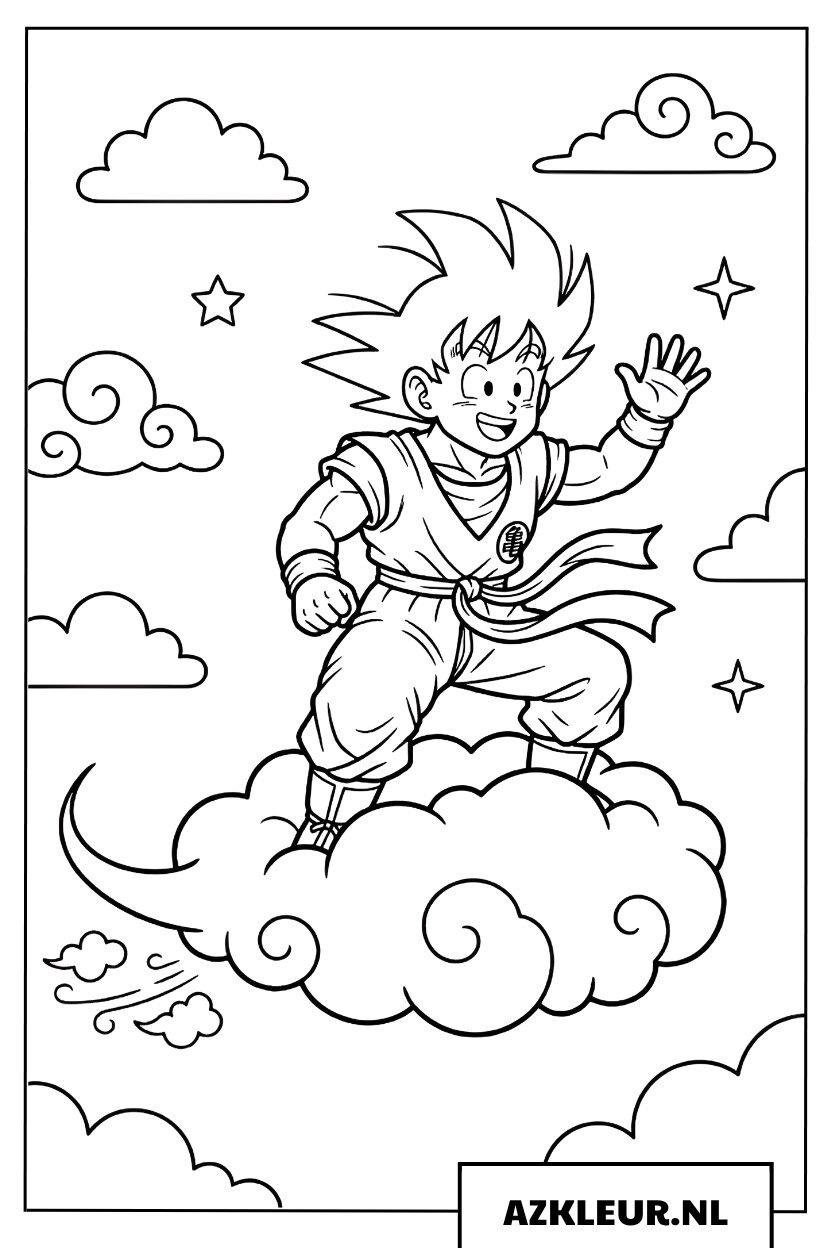 Goku kleurplaat op de vliegende Nimbus wolk