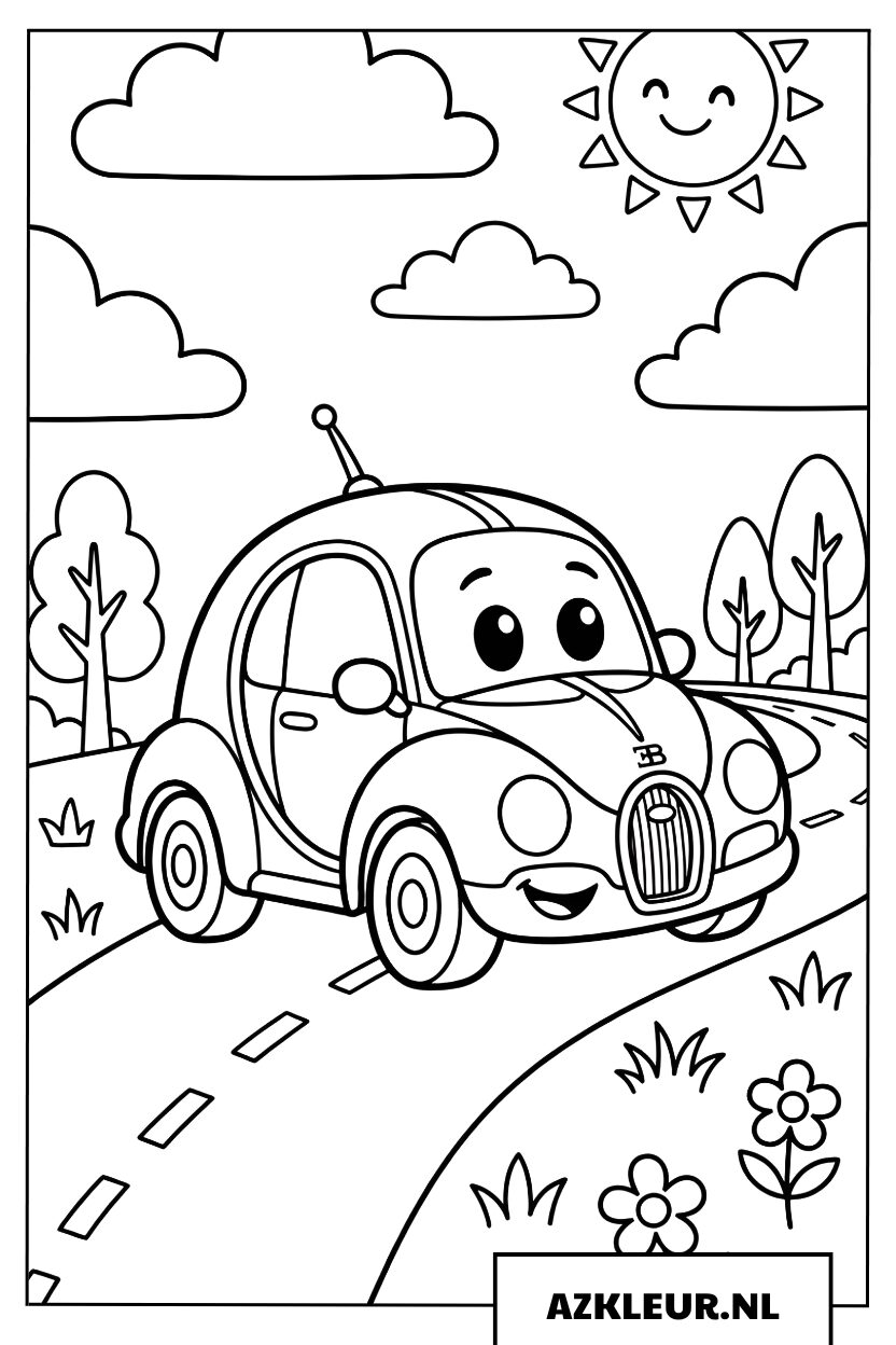 Grappige Bugatti cartoon stijl Kleurplaat