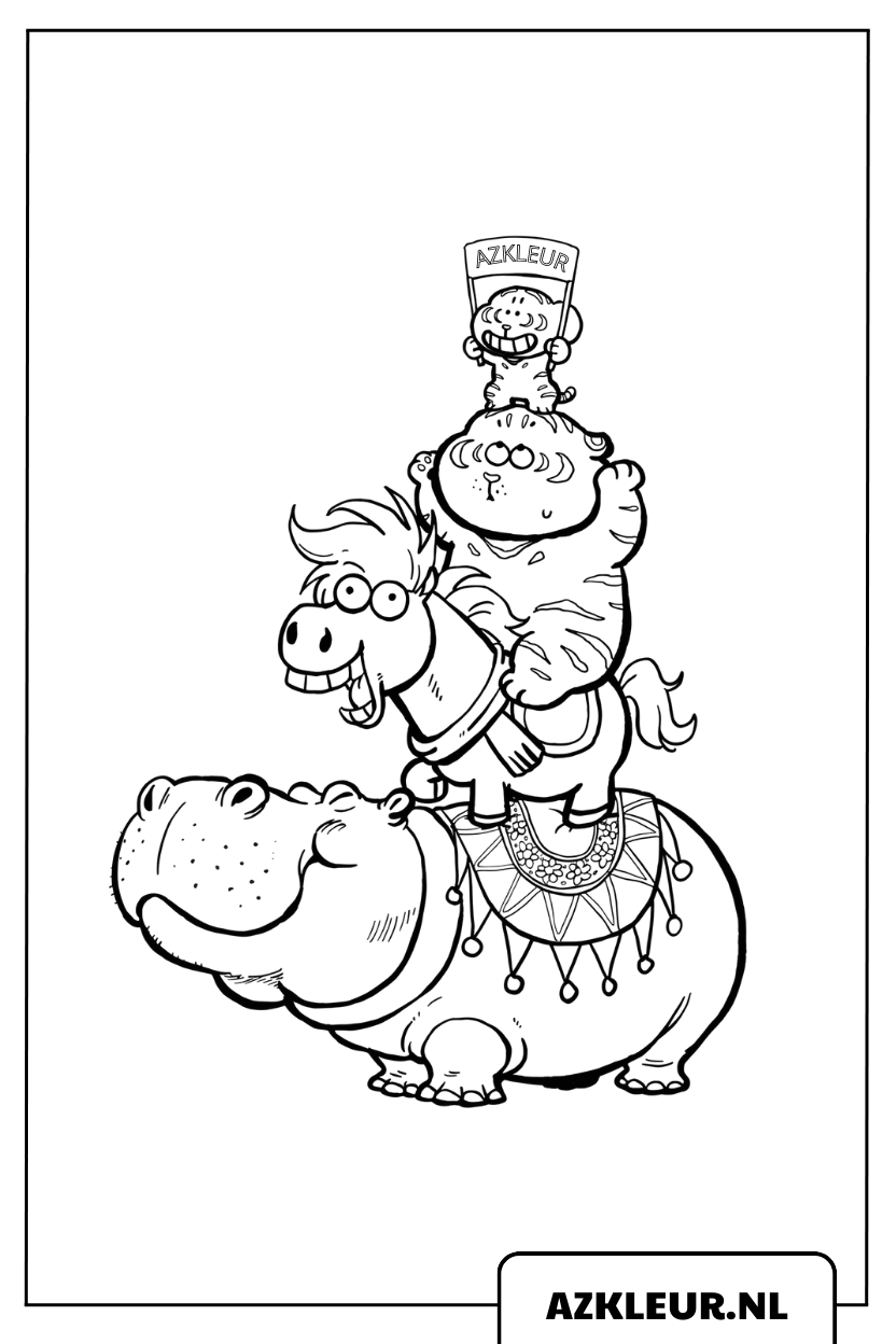 Grappige tijger en vriend die op een nijlpaard rijden kleurplaat