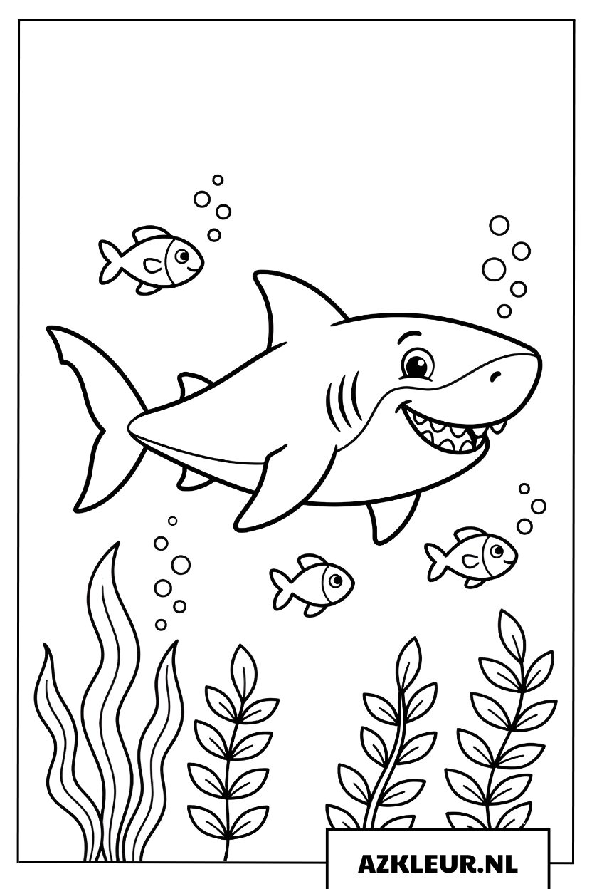 Grote haai met kleine visjes kleurplaat
