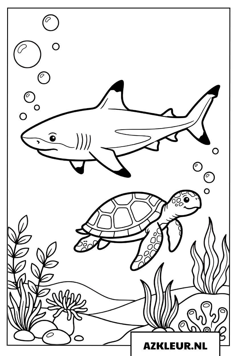 Haai en zeeschildpad kleurplaat