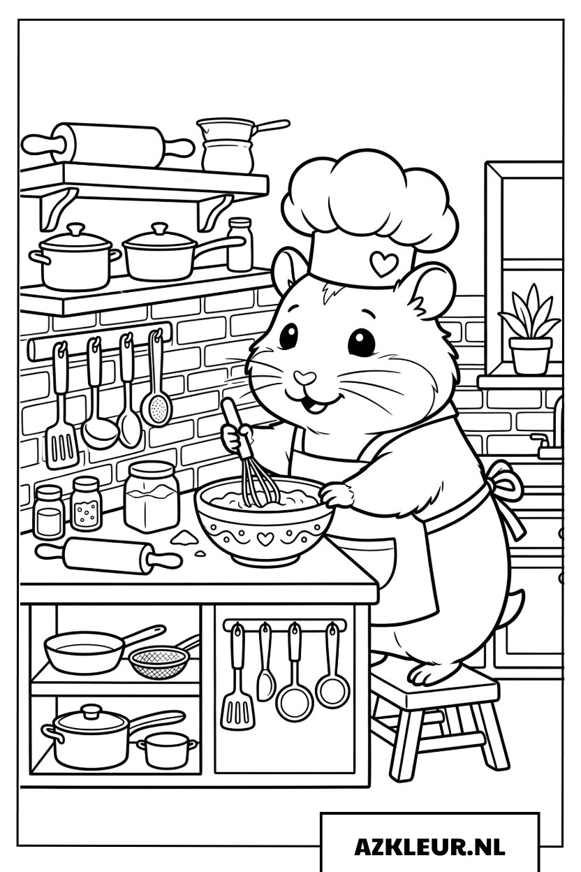 Hamster chef-kok bakt ijverig een heerlijke taart Kleurplaat