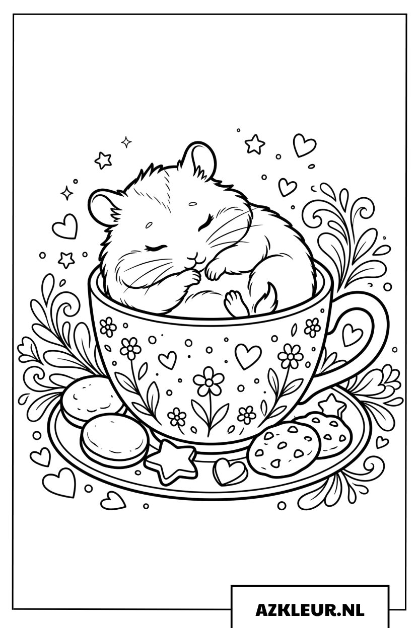 Hamster slaapt vredig in een schattig theekopje Kleurplaat