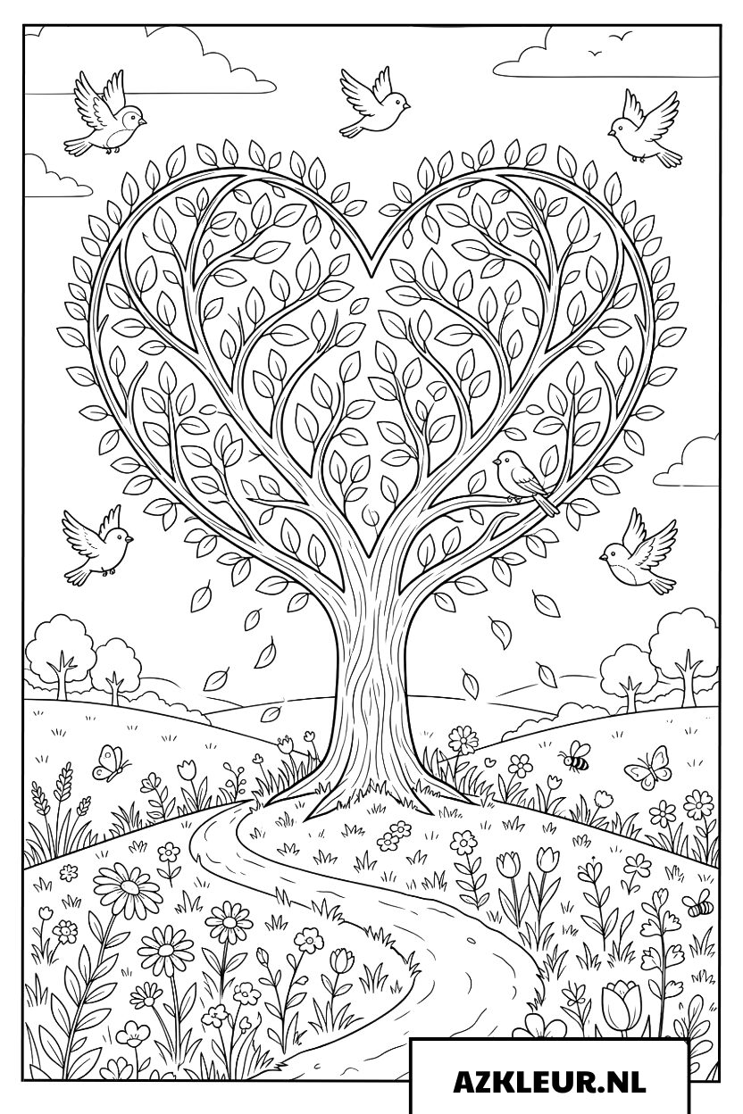 Hartvormige boom in een bloemenveld Kleurplaat
