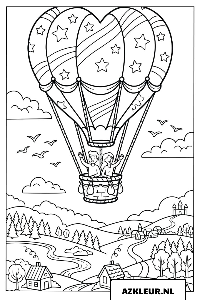 Hartvormige luchtballon boven het dorp Kleurplaat