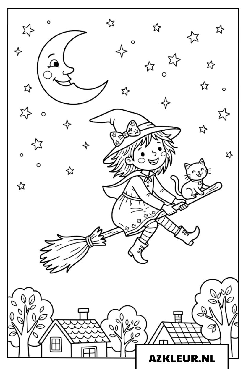 Heks op een bezemsteel kleurplaat