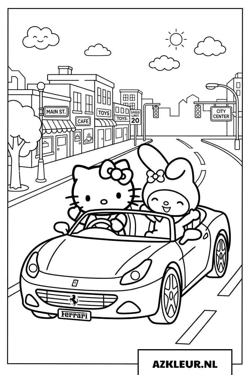 Hello Kitty en vrienden in een Ferrari Kleurplaat