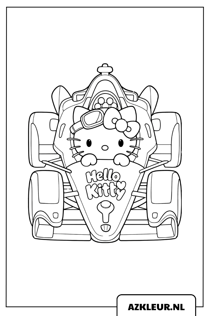 Hello Kitty raceauto kleurplaat