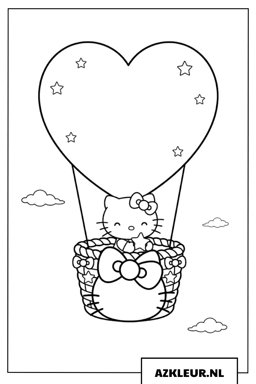 Hello kitty kleurplaat in een hartjes luchtballon