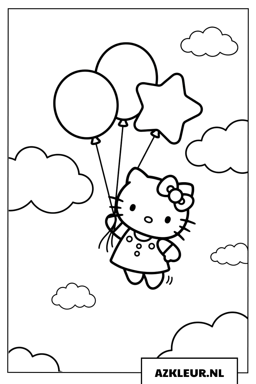 Hello kitty kleurplaat met vrolijke ballonnen in de lucht
