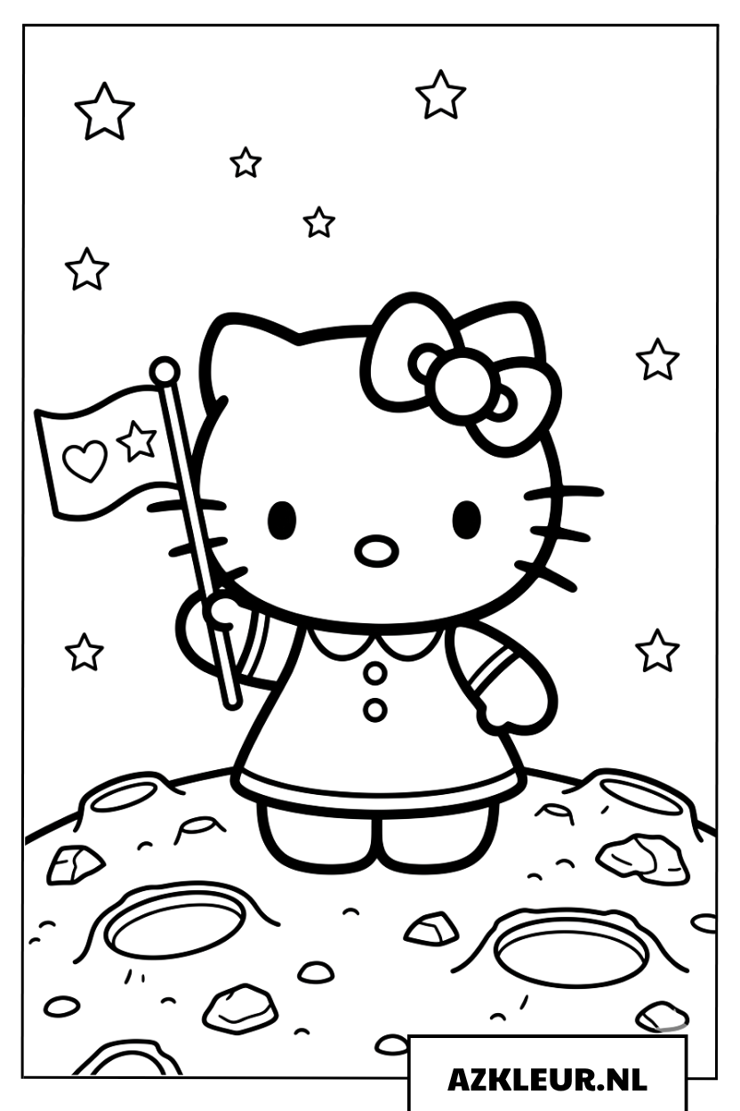 Hello kitty kleurplaat op de maan met een vlag