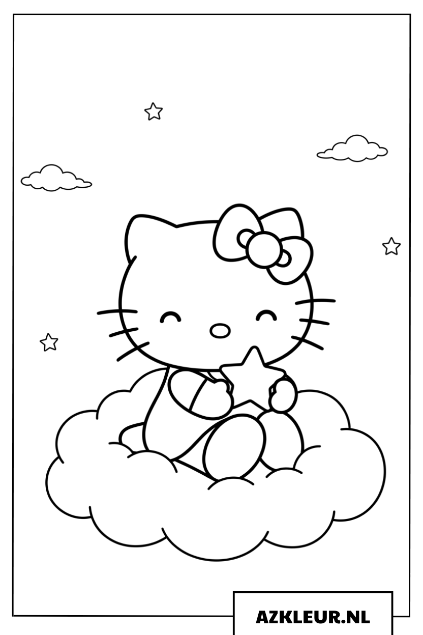 Hello kitty kleurplaat op een wolk met een ster