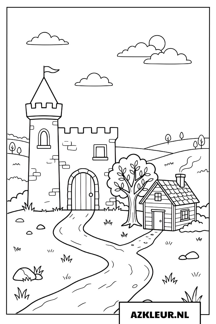 Kasteel kleurplaat met toren en landschap