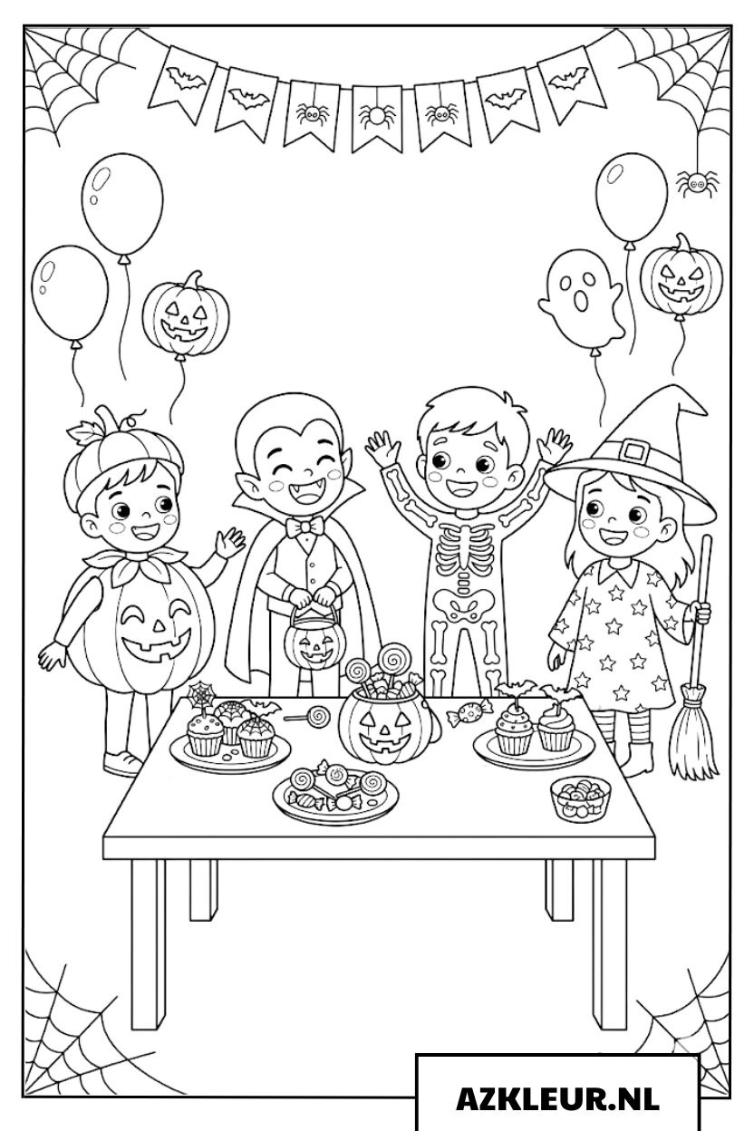 Kinderen vieren Halloween kleurplaat