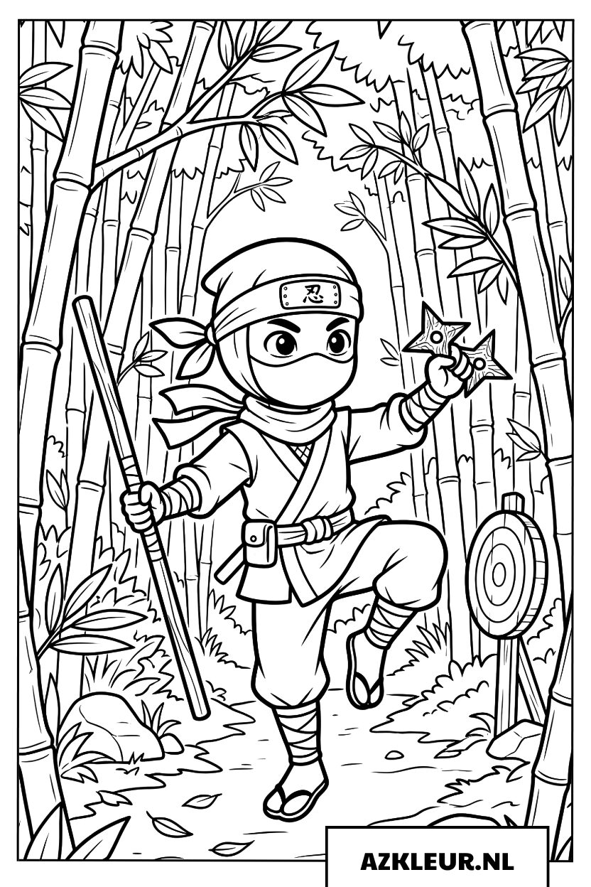 Kleine Ninja oefent zijn vaardigheden in het bos Kleurplaat